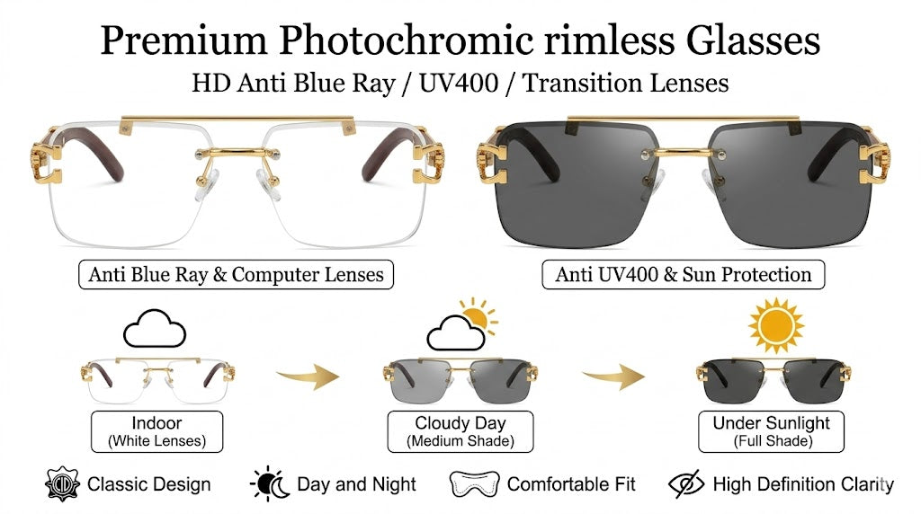 Transition Black Rimless Sunglasses
